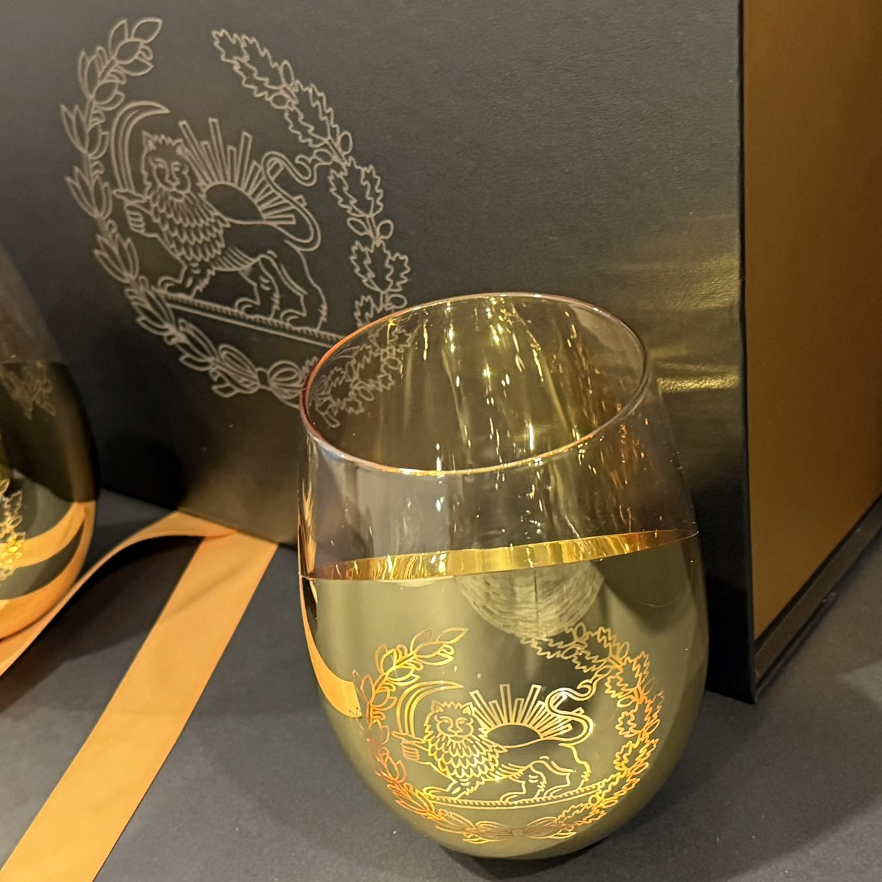 Royal Persian Lion and Sun gold engraved wine glass with luxury gift box, Persian heritage design glassware