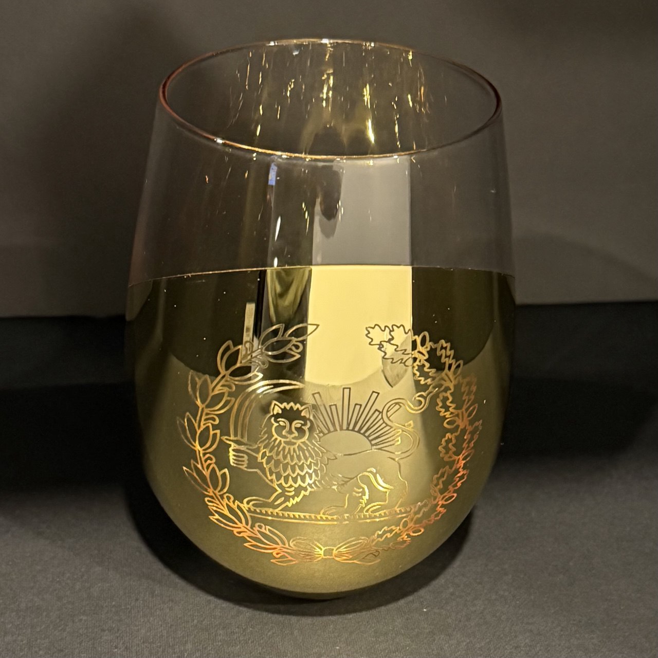 Royal Persian Lion and Sun gold engraved wine glass with luxury gift box, Persian heritage design glassware