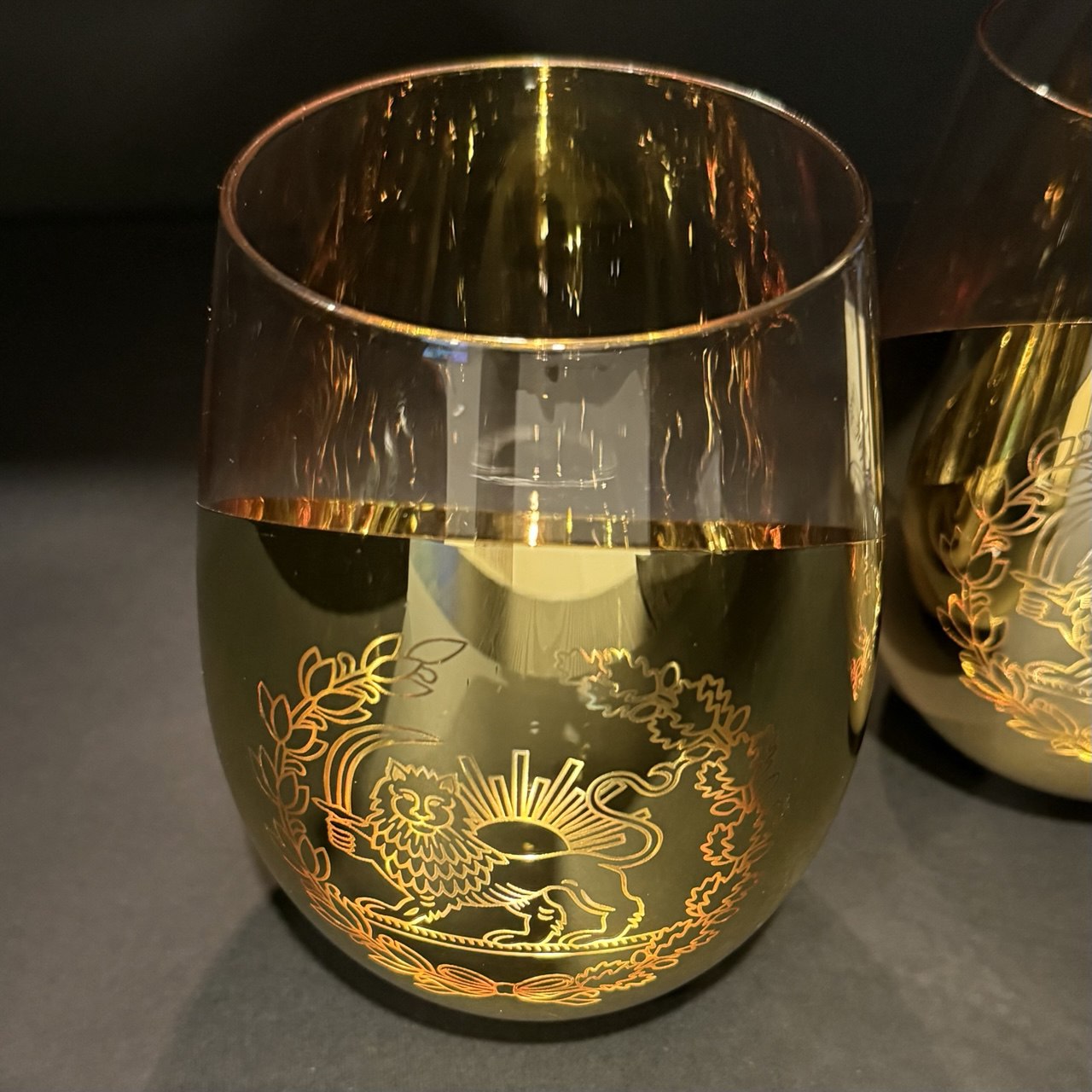 Gold wine glass engraved with Imperial Persian Lion and Sun symbol with luxury black gift box