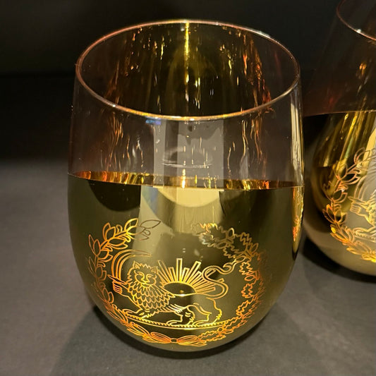 Gold wine glass engraved with Imperial Persian Lion and Sun symbol with luxury black gift box
