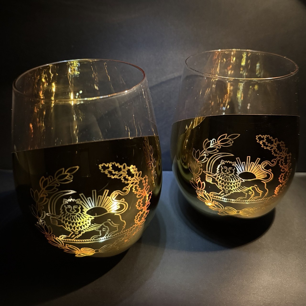 Royal Persian Lion and Sun gold engraved wine glass, Persian heritage design glassware