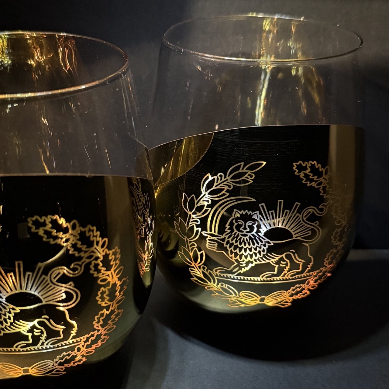 Royal Persian Lion and Sun gold engraved wine glass with luxury gift box, Persian heritage design glassware