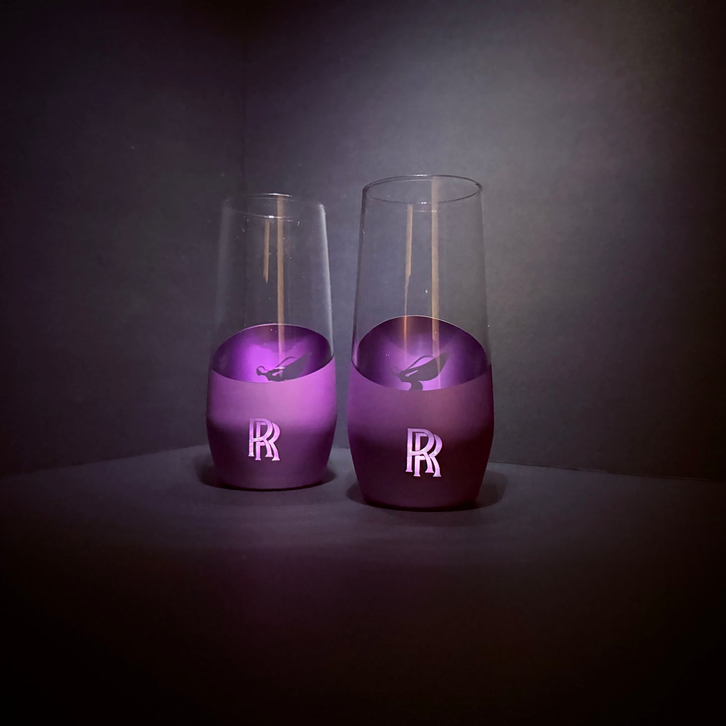 luxury purple stemless glasses with Spirit and RR-inspired
